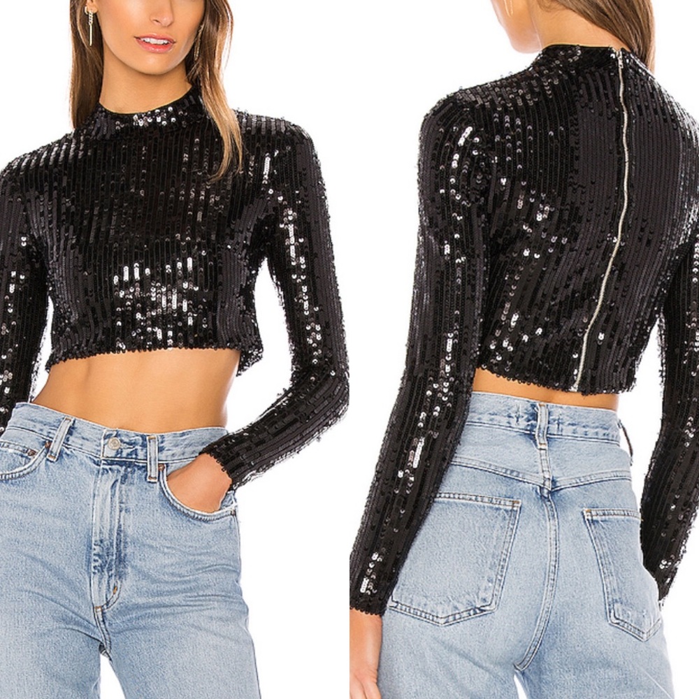 Superdown Sequin Crop Black Long Sleeve Women Top